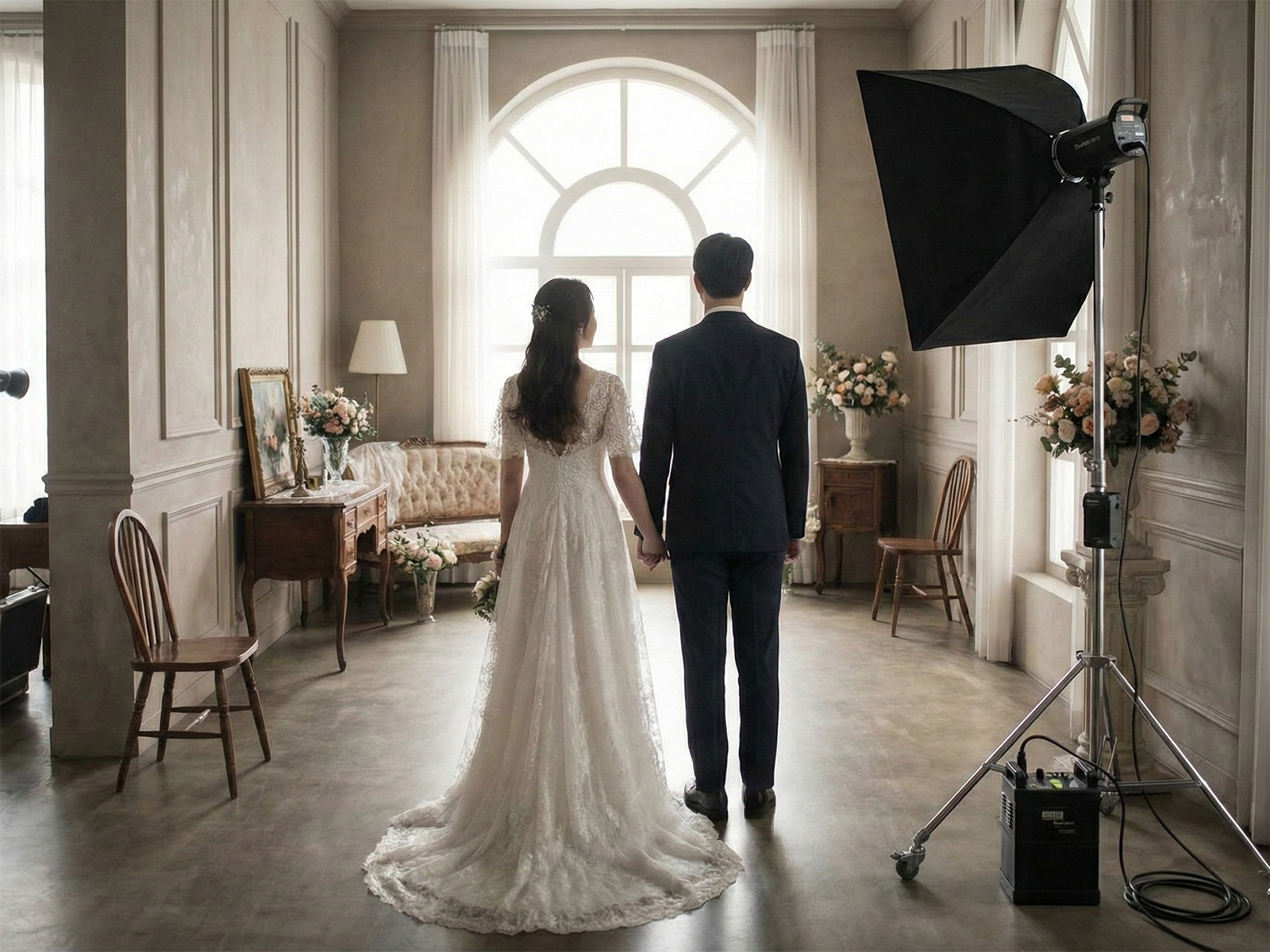 姫路のフォトスタジオでの韓国フォトウェディング撮影風景。おしゃれなドレス姿のカップルの後ろ姿。